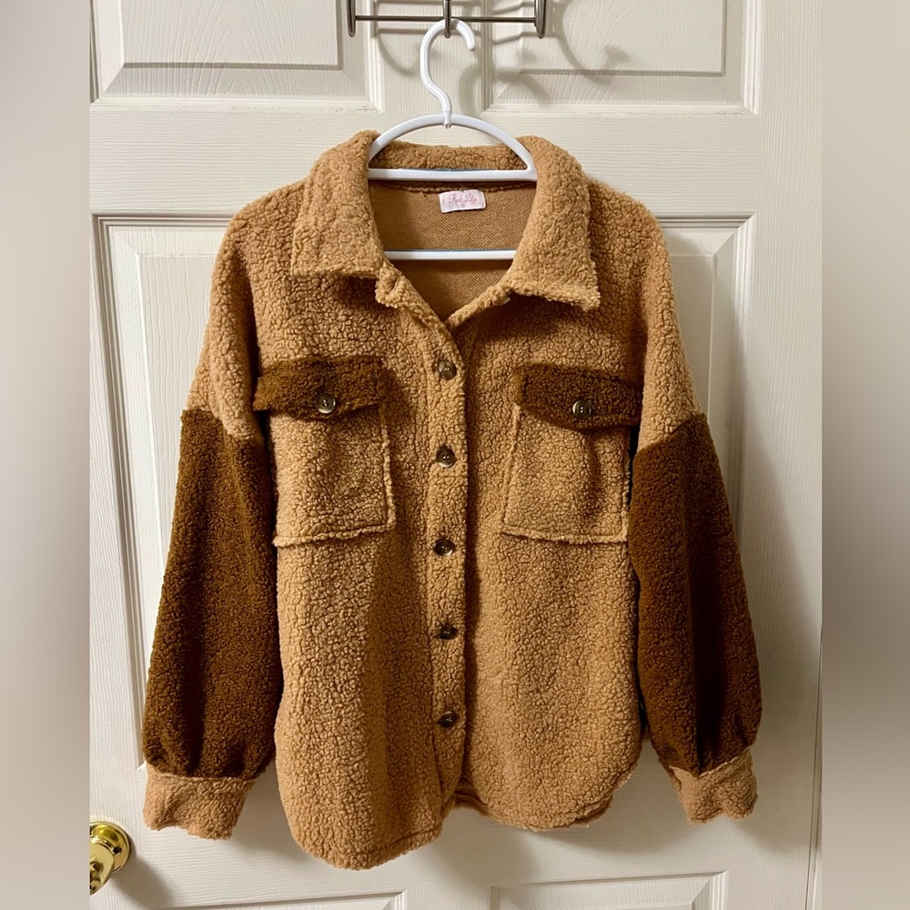Pink Lily Brown & Tan Teddy Bear Sherpa Button Up Shacket